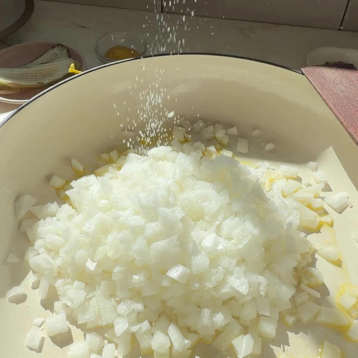 Diced white onion in pan.