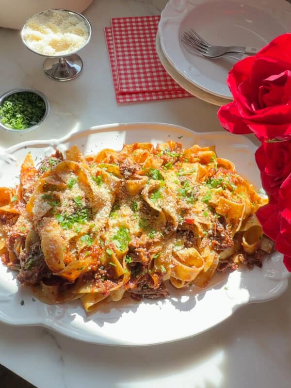 Short Rib Ragu pasta on platter.