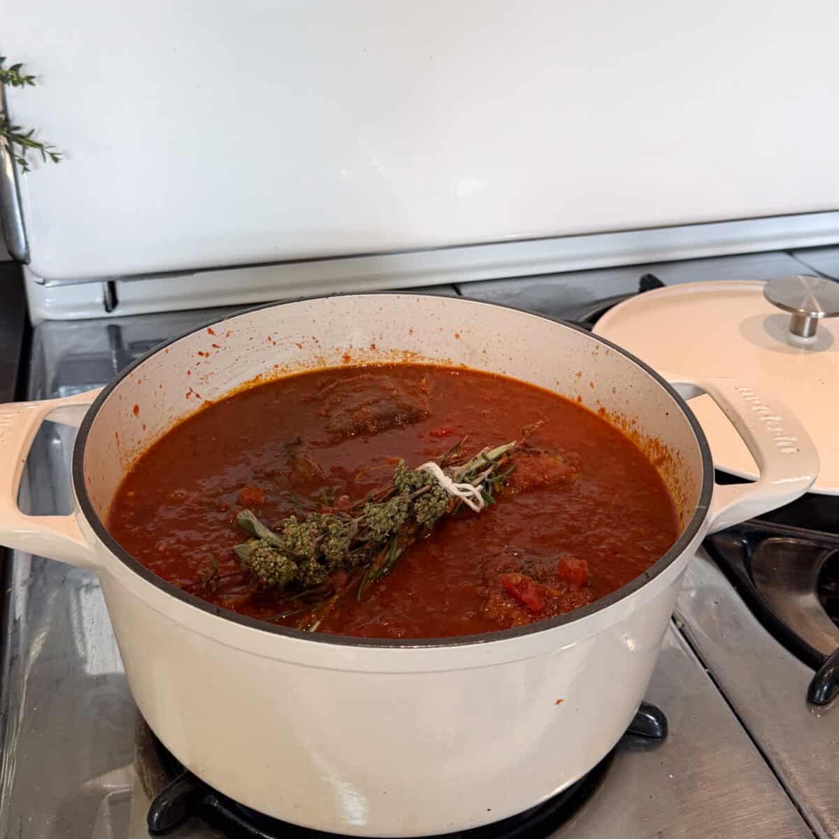 शॉर्ट रिब रागु चूल्हे पर बर्तन में उबल रहा है।