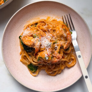 A serving of Calabrian Chili Shrimp Pasta in a bowl.