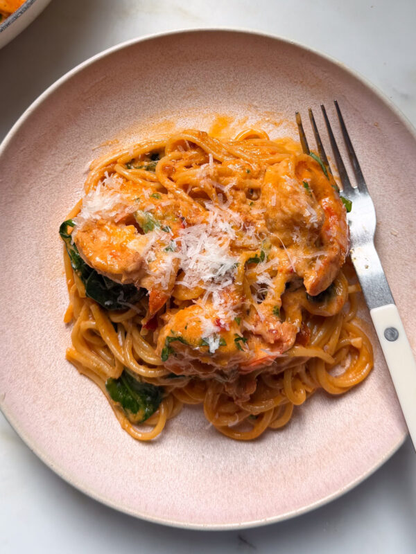 A serving of Calabrian Chili Shrimp Pasta in a bowl.