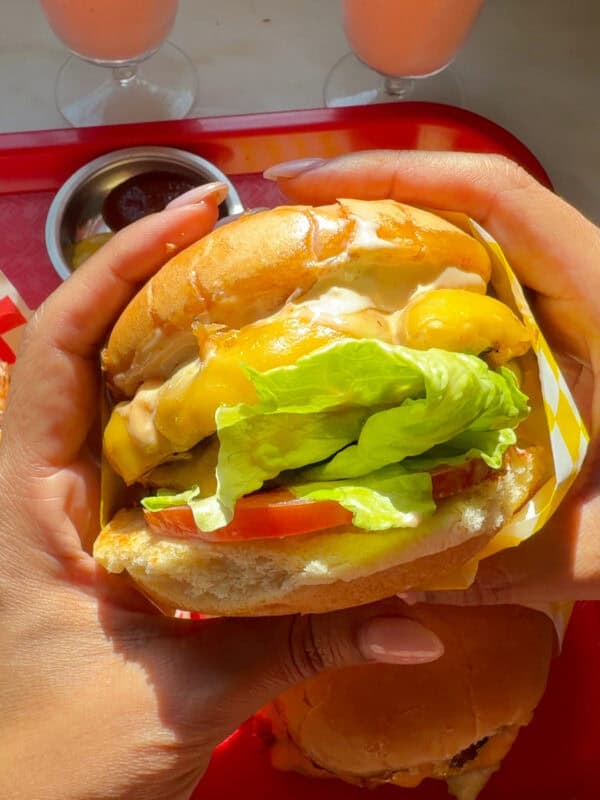 Hands holding In-N-Out Burger.