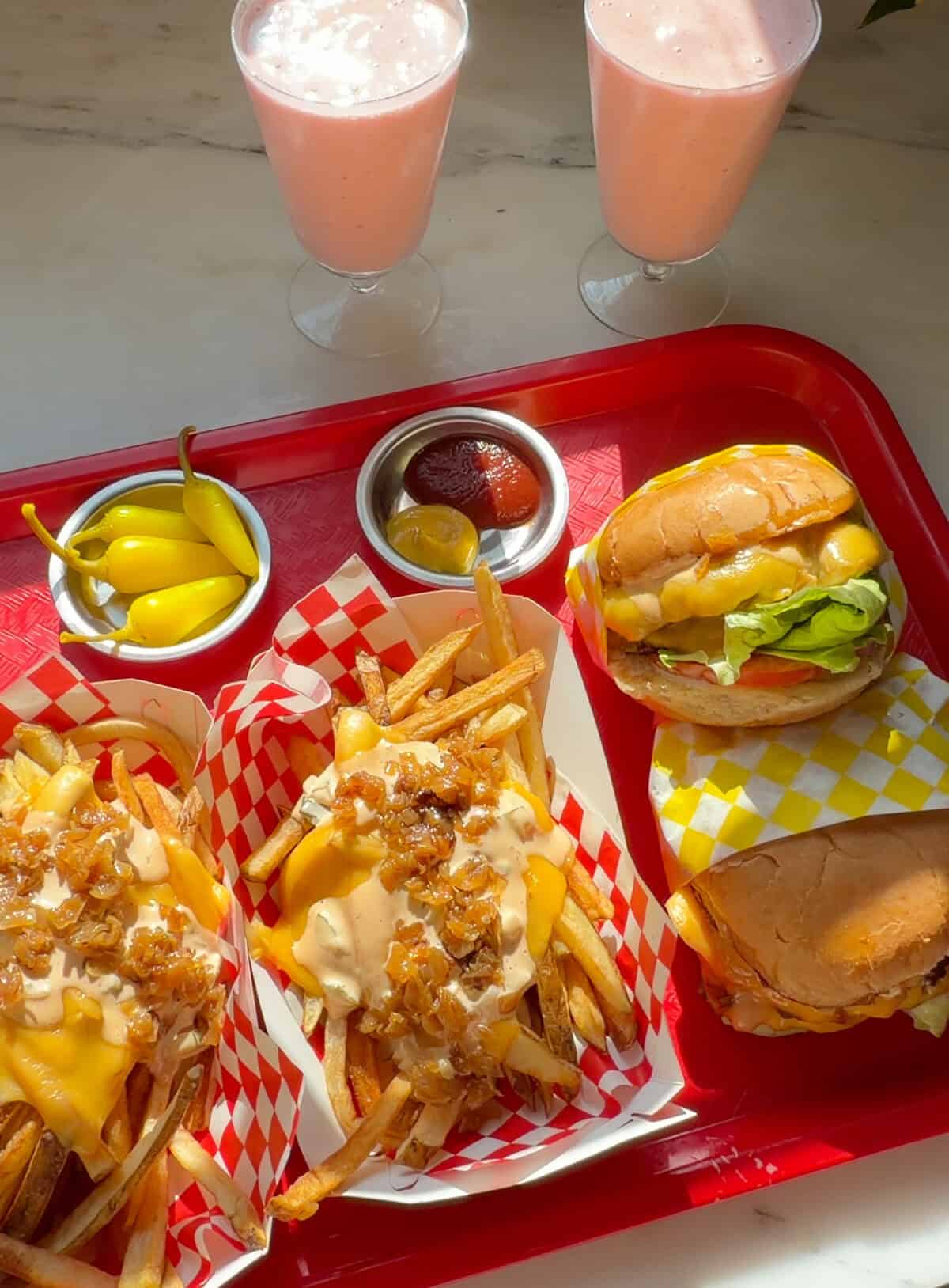 In-N-Out Burgers on restaurant tray with Animal Style Fries.