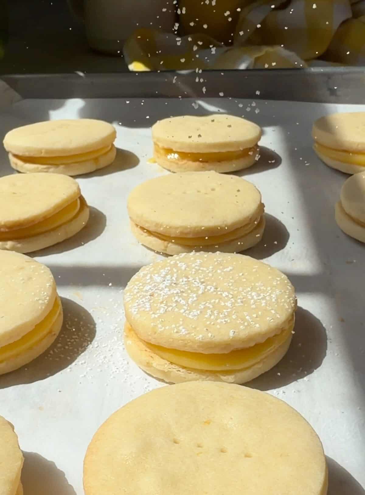Powdered sugar dusting Lemon Alfajores.