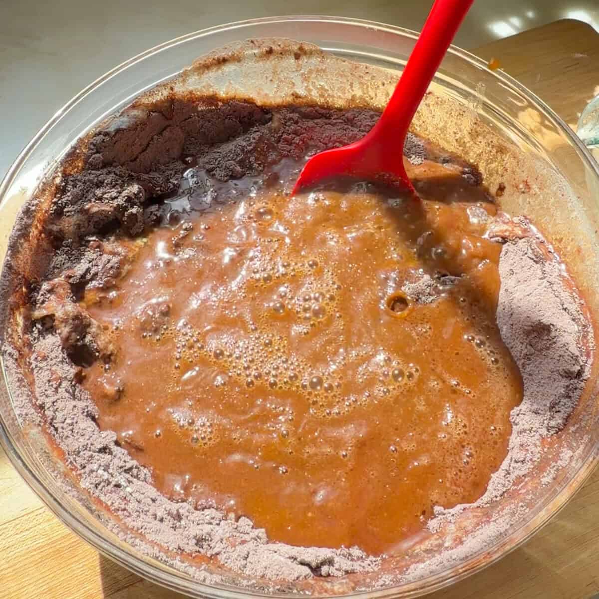 Hot coffee in chocolate cake batter.