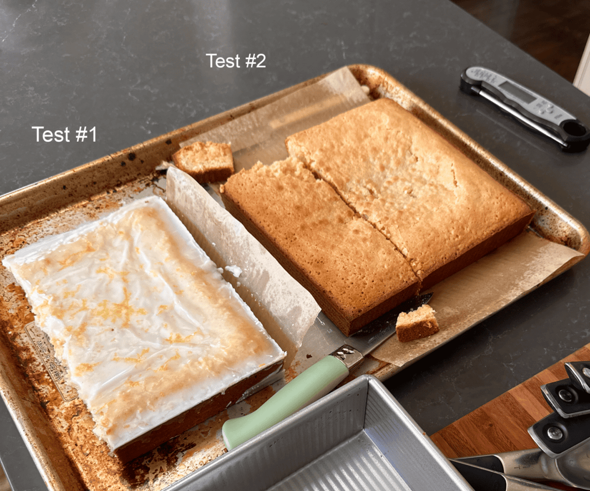 Two tests of the lemon brownies on a sheet tray.