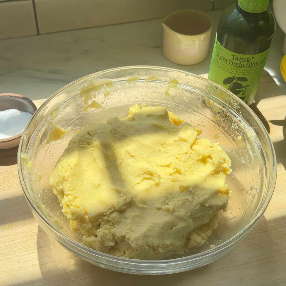 Empanada dough in bowl.