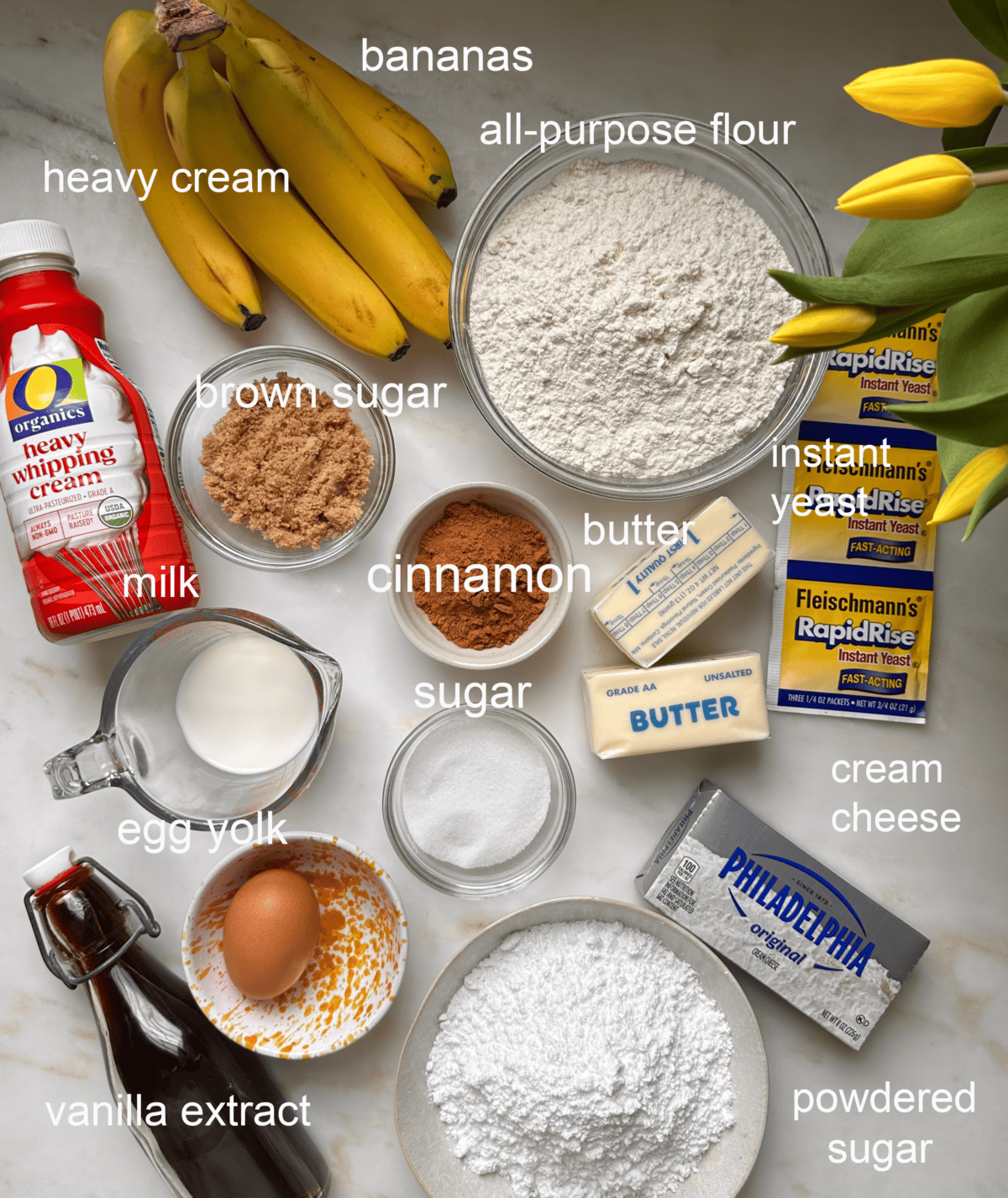 Banana Bread Cinnamon Rolls ingredients.