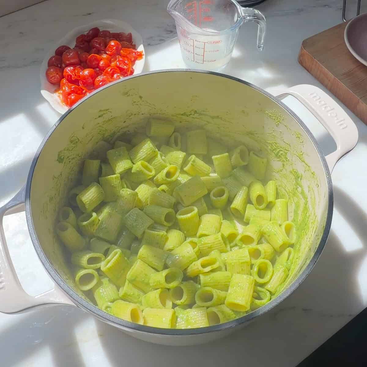 Pesto Pasta in large pot.