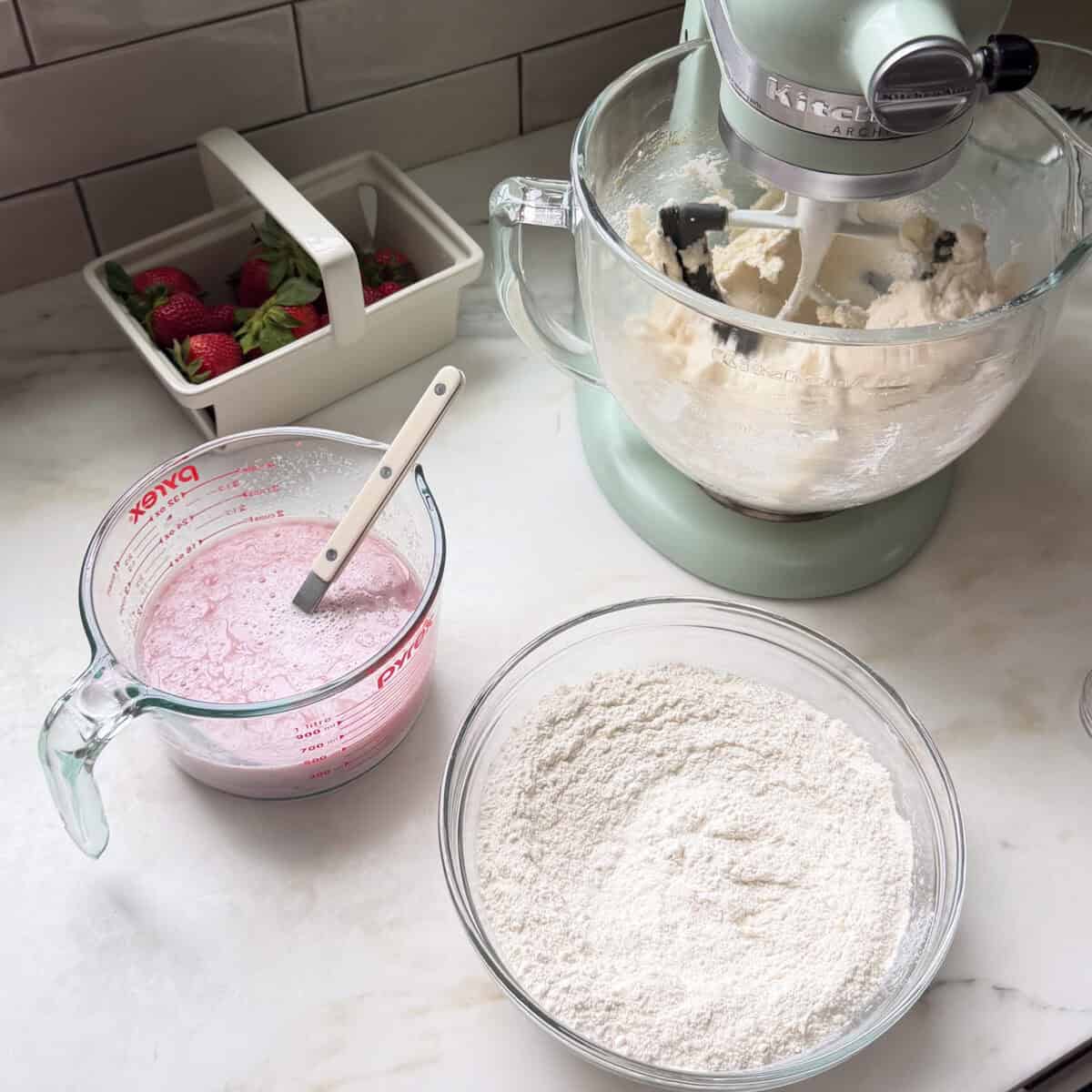 Wet and dry Strawberry Layer Cake ingredients.