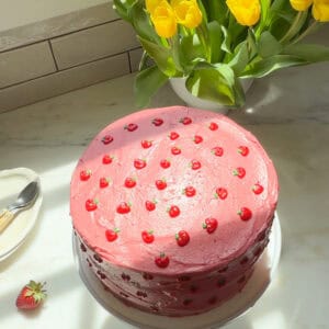 Whole strawberry layer cake on cake stand.