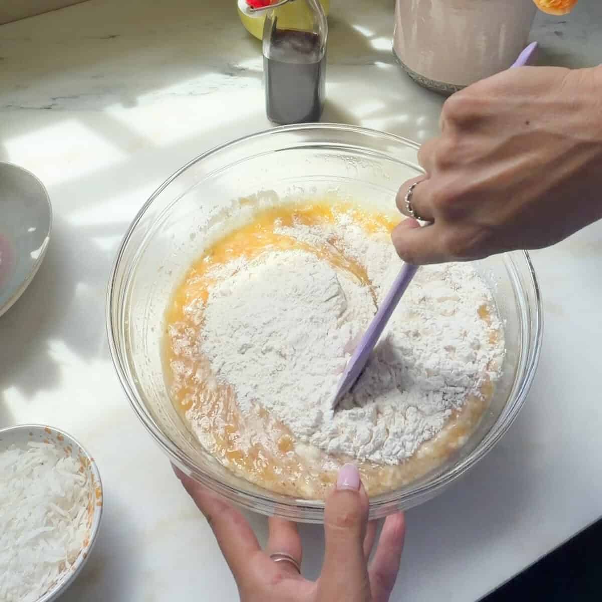 Dry ingredients added to wet ingredients.