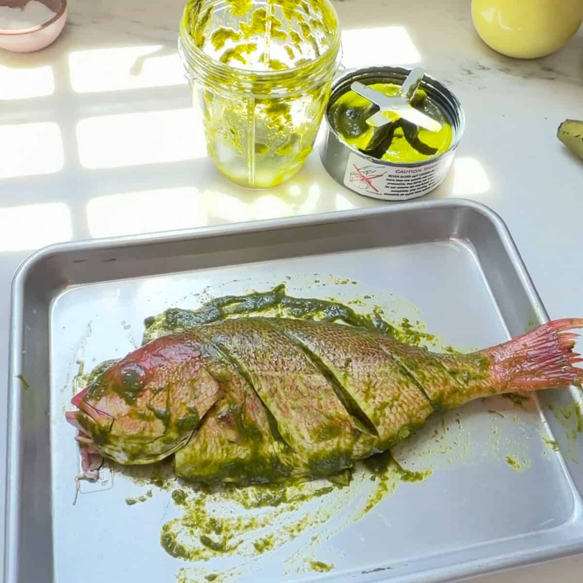Whole red snapper covered in marinade.