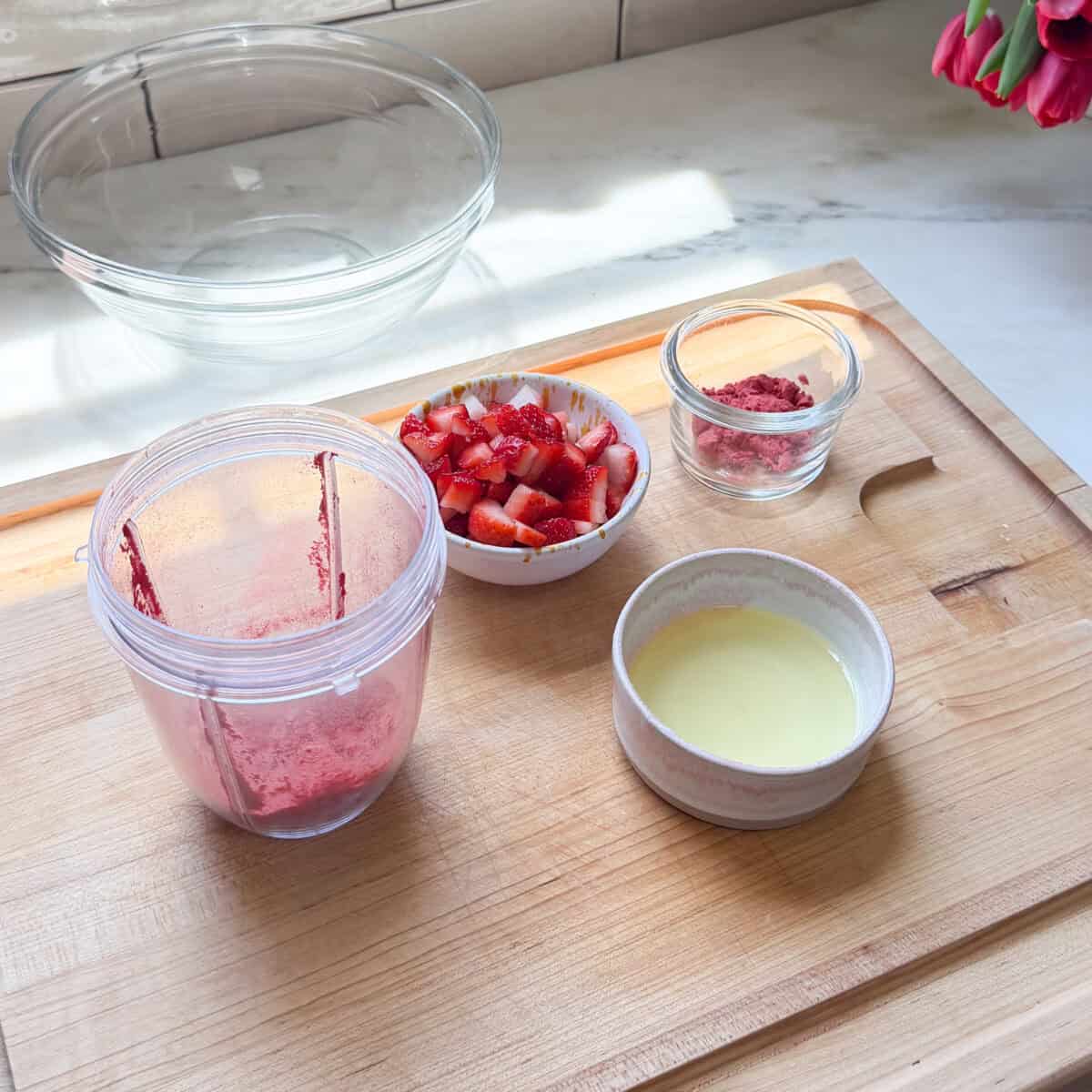 Prepped ingredients for strawberry brownies.