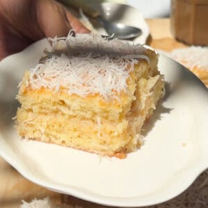 Slice of cake on a plate.
