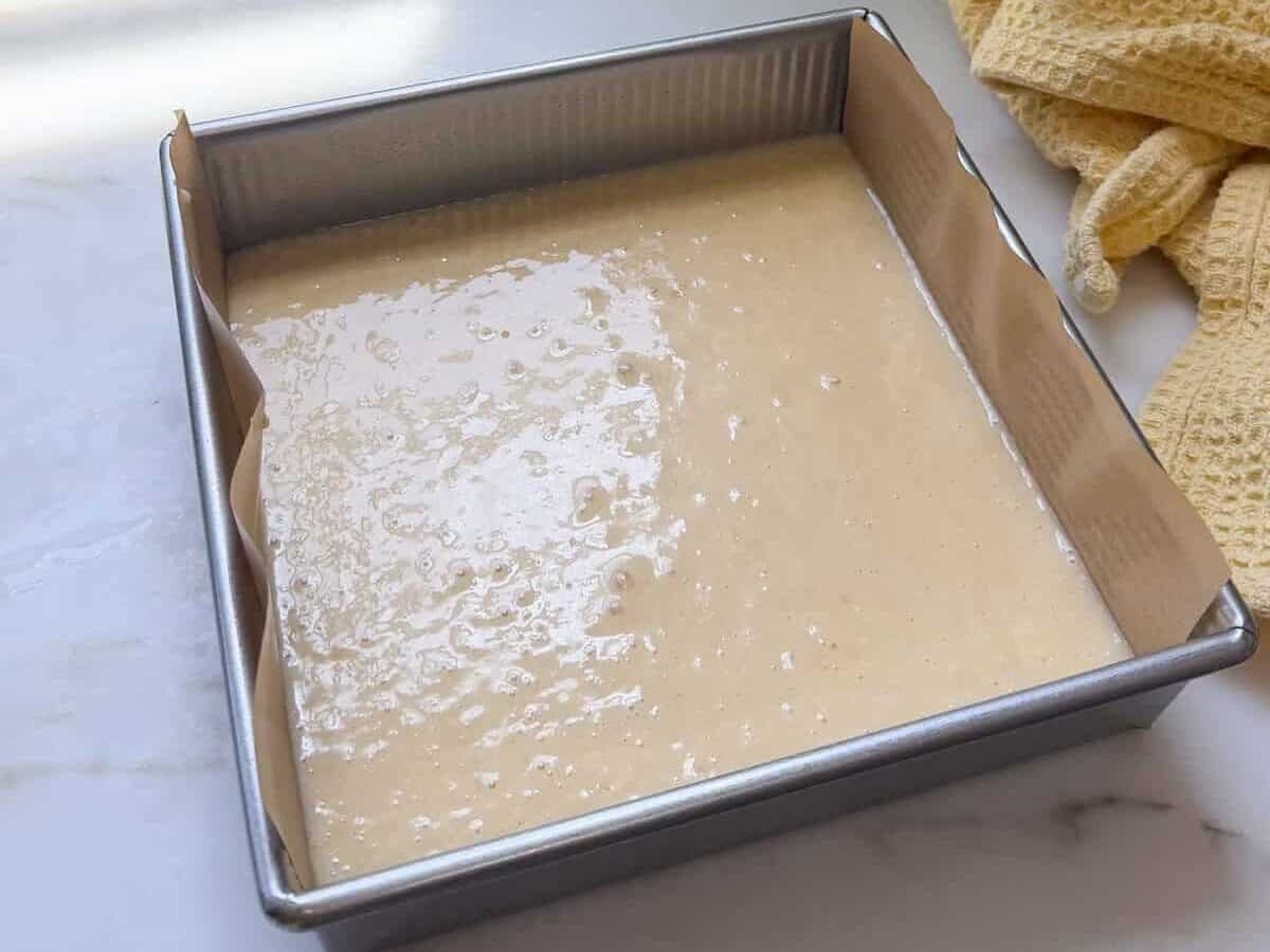 Bolo de Coco batter in baking pan.