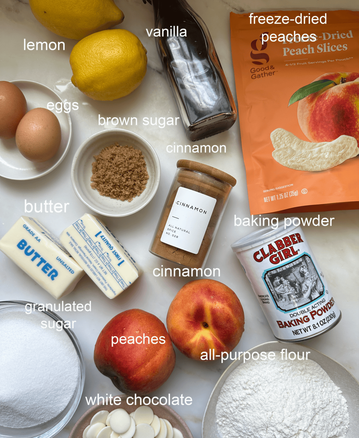 Peach Cobbler Brownies ingredients.