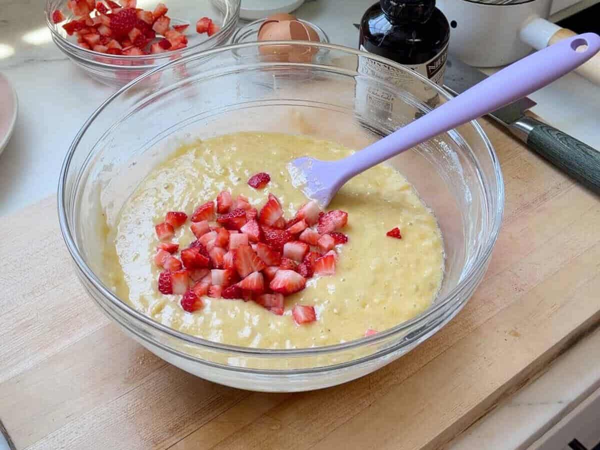 Fresh diced strawberries on top added to the batter.