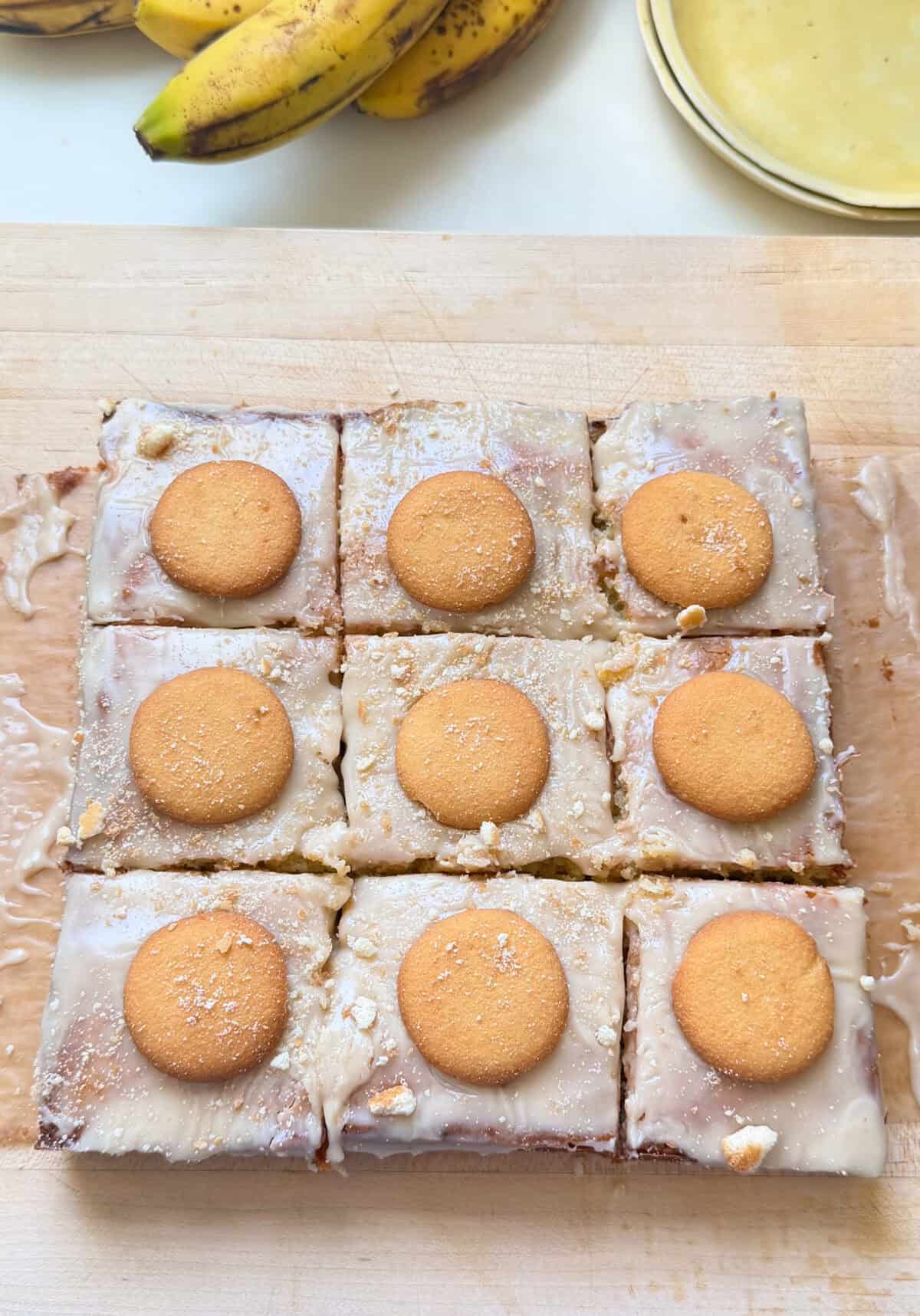 Sliced Banana Pudding Brownies on cutting board.
