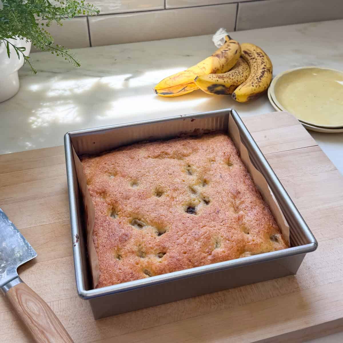 Baked Banana Pudding Brownies in baking pan.