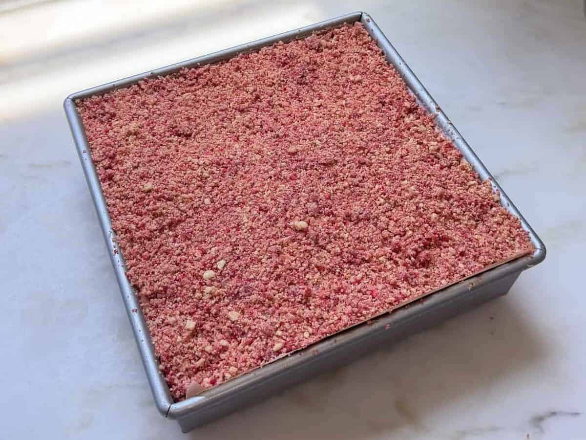 Strawberry Shortcake Ice Cream assembled in baking pan.