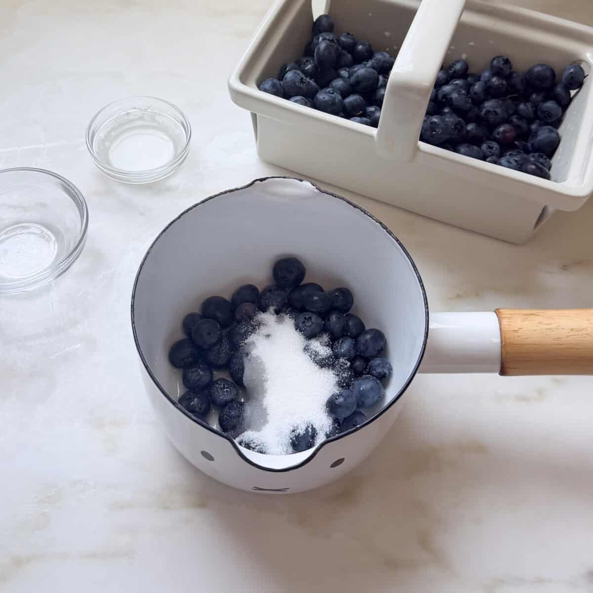 Blueberries, sugar, and water in small pot.