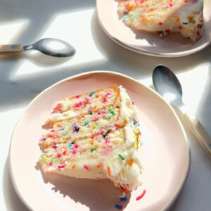 Slices of funfetti cake on plates.