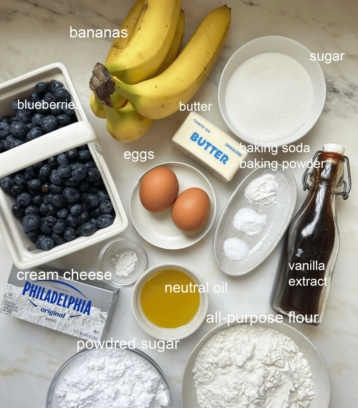Blueberry banana bread ingredients.