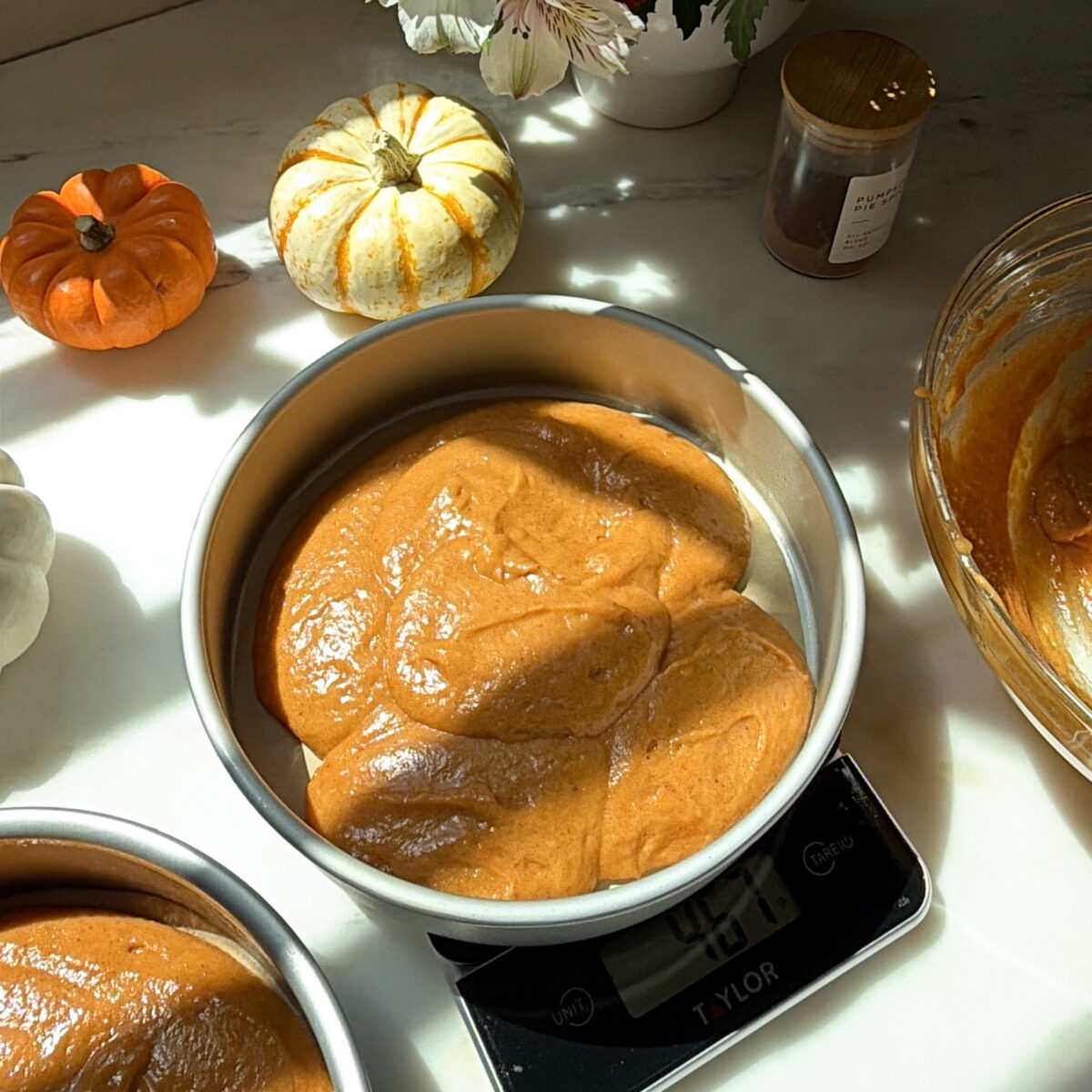 Weighing out pumpkin cake batter in prepared baking pans.