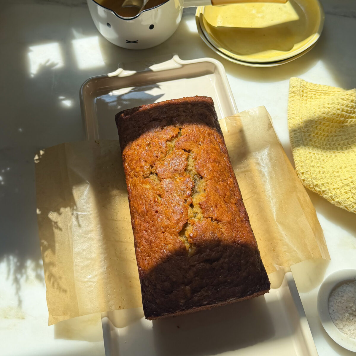 Salted maple banana bread baked and cooled.