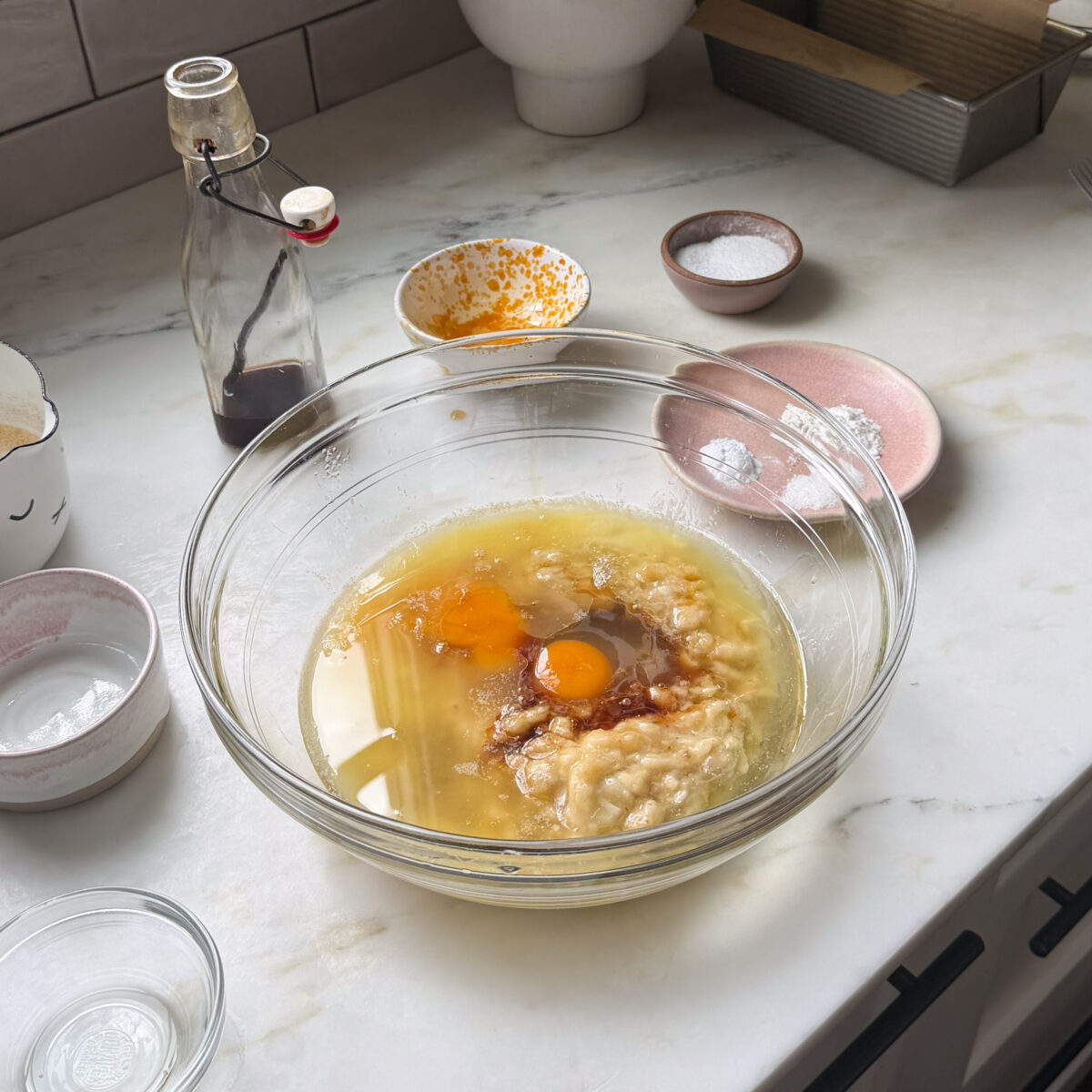 Wet ingredients for salted maple banana bread.