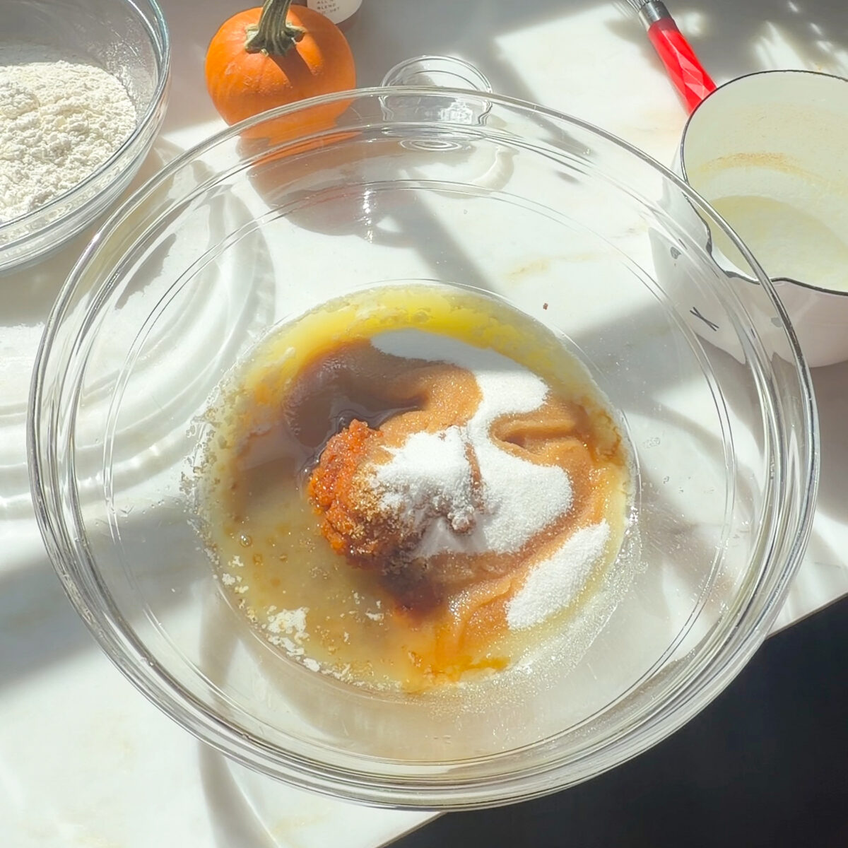 Wet batter ingredients in large bowl.