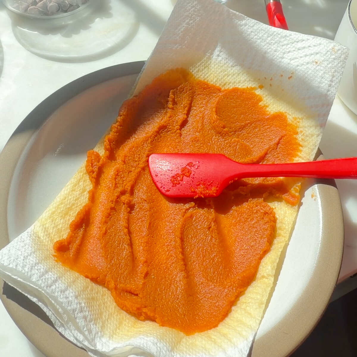 Pumpkin puree spread out on a paper towel on a plate.
