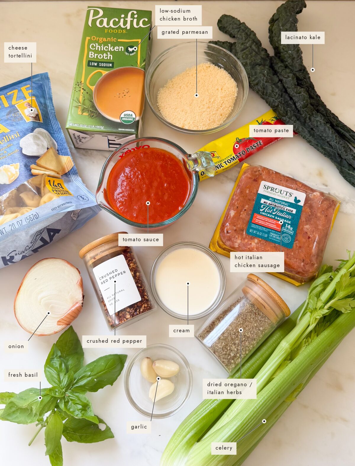 Tortellini soup ingredients.